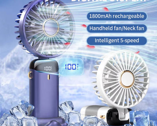 Handheld Mini Fan Foldable Portable Neck Hanging Fans 5 Speed USB Rechargeable Fan with Phone Stand and Display Screen 1800Mah